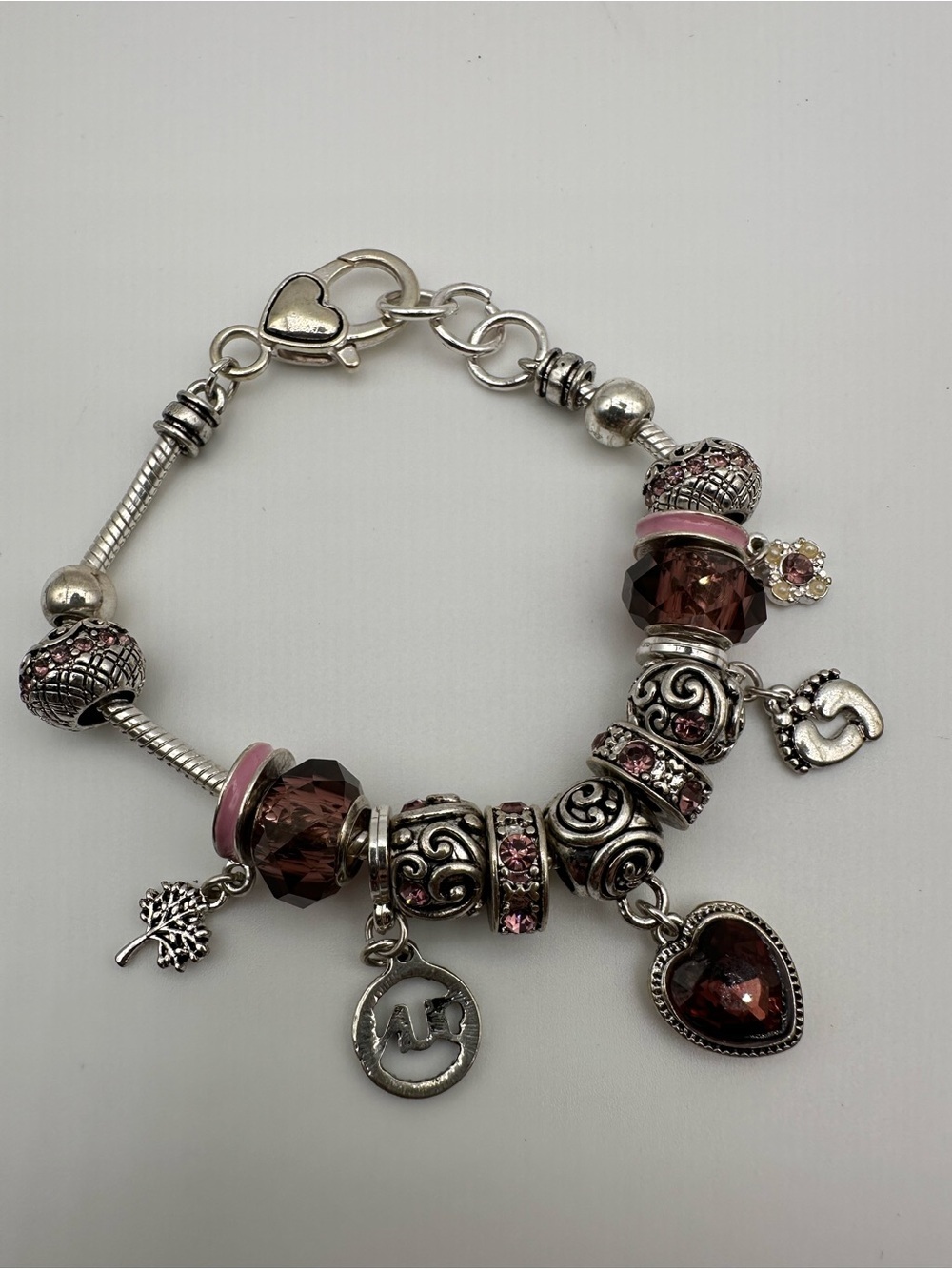 Silver-Tone Pink & Brown Charm Bracelet with Heart Pendant